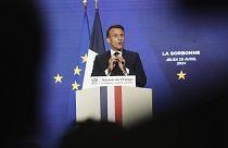 French President Emmanuel Macron delivers a speech on Europe in the amphitheater of the Sorbonne University, April 25 in Paris. 2024.