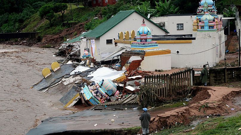 Fatal floods made worse by climate change damage the Vishnu Hindu Temple on the Mhlathuzana river in Chatsworth, outside Durban, South Africa, April 2022.