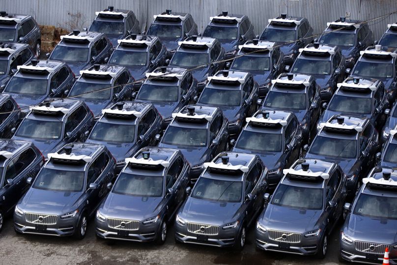 A parking lot full of Uber self-driving Volvos in Pittsburgh, March 2020