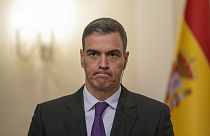 Spanish Prime Minister Pedro Sanchez grimaces during a press conference after meeting with Slovenia's Prime Minister Robert Golob, Tuesday, April 16, 2024.