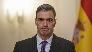 Spanish Prime Minister Pedro Sanchez grimaces during a press conference after meeting with Slovenia's Prime Minister Robert Golob, Tuesday, April 16, 2024.