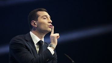 French Far-right party National Rally president Jordan Bardella delivers a speech at a meeting, in Marseille, southern France, Sunday, March 3, 2024. 