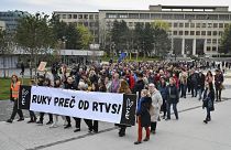 Акция протеста против закона о контроле над СМИ. Братислава, Словакия, 24 апреля 2024.