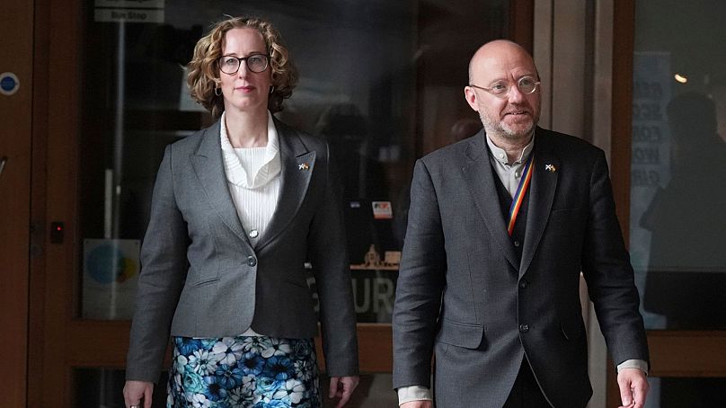 Scottish Green party co-leaders Lorna Slater and Patrick Harvie at Holyrood, in Edinburgh, 25 April 2024.