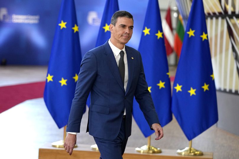 Spain's Prime Minister Pedro Sanchez arrives for an EU summit in Brussels, Wednesday, April 17, 2024