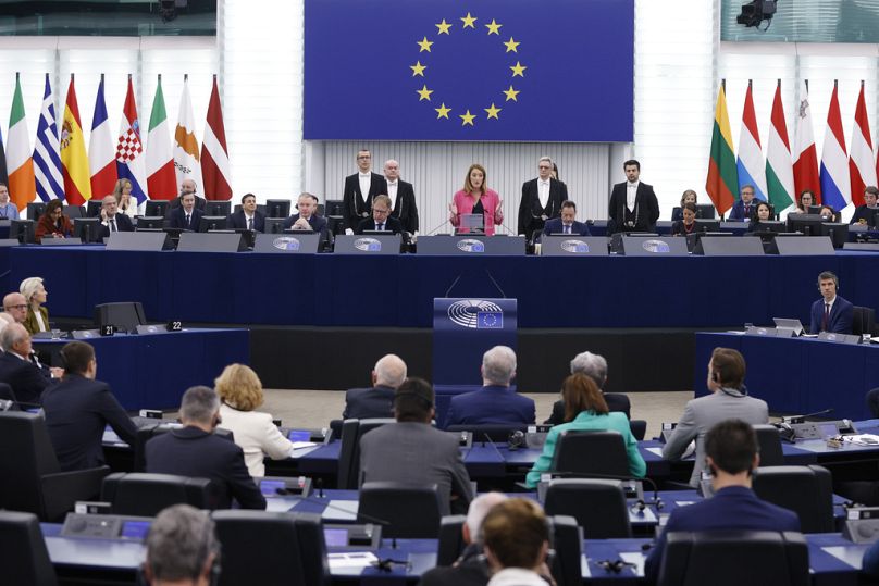 La presidenta del Parlamento Europeo, Roberta Metsola, el miércoles 24 de abril de 2024 en el Parlamento Europeo en Estrasburgo, este de Francia.