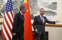 China's Foreign Minister Wang Yi and U.S. Secretary of State Antony Blinken in Beijing, China. (AP Photo/Mark Schiefelbein, Pool)