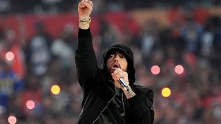 Eminem performs during halftime of the NFL Super Bowl 56 football game between the Los Angeles Rams and the Cincinnati Bengals, on Feb. 13, 2022