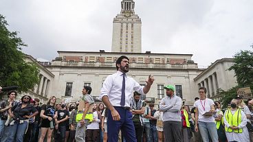 Greg Casar, Congressman for Texas Congressional District 35, addressed UT-Austin professors, students, and supporters outside the Main Building on Thursday, April 25, 2024.