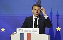 French President Emmanuel Macron delivers a speech on Europe in the amphitheater of the Sorbonne University, Thursday, April 25 in Paris. 2024.
