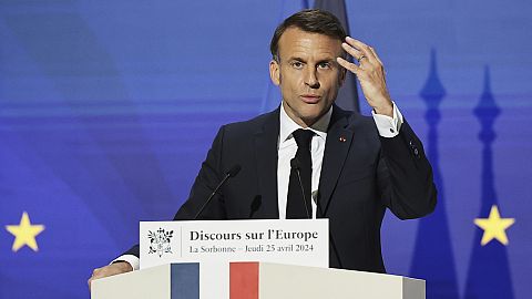 French President Emmanuel Macron delivers a speech on Europe in the amphitheater of the Sorbonne University, Thursday, April 25 in Paris. 2024.