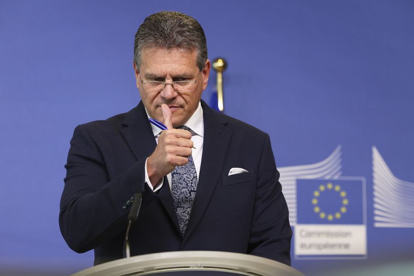 European Commissioner for Inter-institutional Relations and Foresight Maros Sefcovic speaks during a media conference in Brussels, May 2023