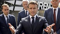 France's President Emmanuel Macron with Finance Minister Bruno Le Maire, Defense Minister Sebastien Lecornu, and Eurenco CEO Thierry Francoun. April 11, 2024.