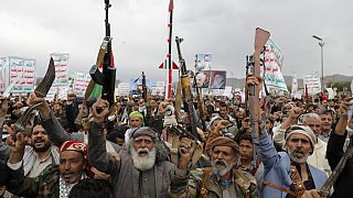 Houthi supporters attend a rally against the US-led strikes against Yemen and in support of Palestinians in the Gaza Strip, in Sanaa, Yemen, Friday, April. 26, 2024. 
