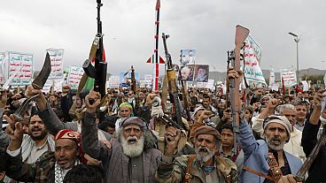 Houthi supporters attend a rally against the US-led strikes against Yemen and in support of Palestinians in the Gaza Strip, in Sanaa, Yemen, Friday, April. 26, 2024. 