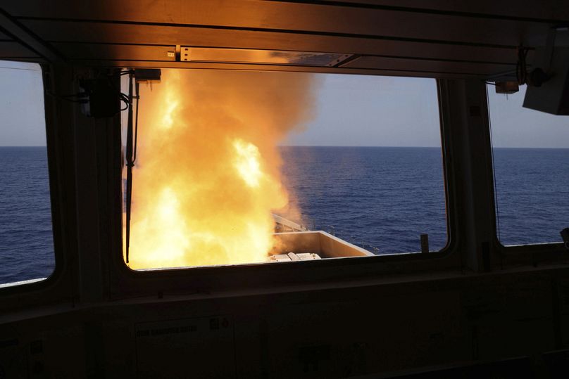 In this photo provided by the Ministry of Defence, a Sea Viper missile is launched from HMS Diamond to shoot down a missile fired by the Iranian-backed Houthis. April 24, 2024