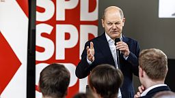German Chancellor Olaf Scholz speaks at kick off of his party's European election campaign (Markus Scholz/dpa via AP)