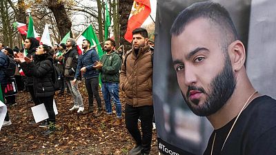 Iranian rapper Toomaj Salehi sentenced to death - pictured here: Protesters in support of Salehi in The Hague, Netherlands.