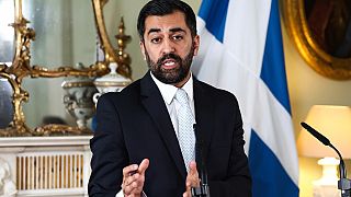 Scotland's First Minister Humza Yousaf speaks during a press conference at Bute House, Edinburgh, April 25, 2024.