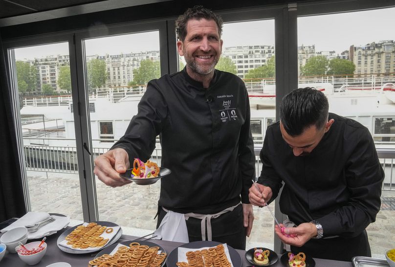 French three star Michelin chef Alexandre Mazzia of the restaurant "AM" in Marseille presents his herbaceous chickpea pomade dish during media conference, 9 May 2023.