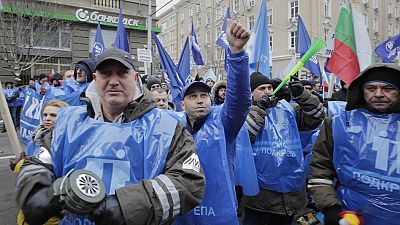 Bulgarian coal miners and engery workers rally as they demand government guarantees for preserving their jobs, in Sofia, Bulgaria.