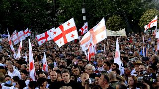 Pro-government demonstrators with Georgian national flags attend a rally in support of "Russian law" in Tbilisi, April 29, 2024