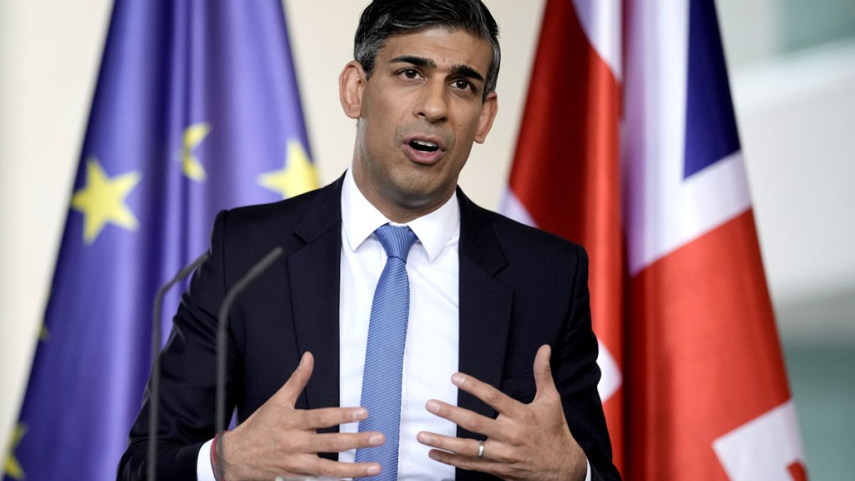 Britain's Prime Minister Rishi Sunak speaks during a joint press conference with German Chancellor Olaf Scholz in Berlin, Germany, Wednesday, April 24, 2024. 