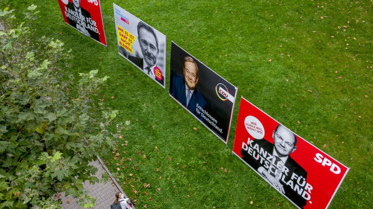 Adds for Germany's main politcal parties are  displayed in Frankfurt, Germany, Wednesday, Sept. 15, 2021. 