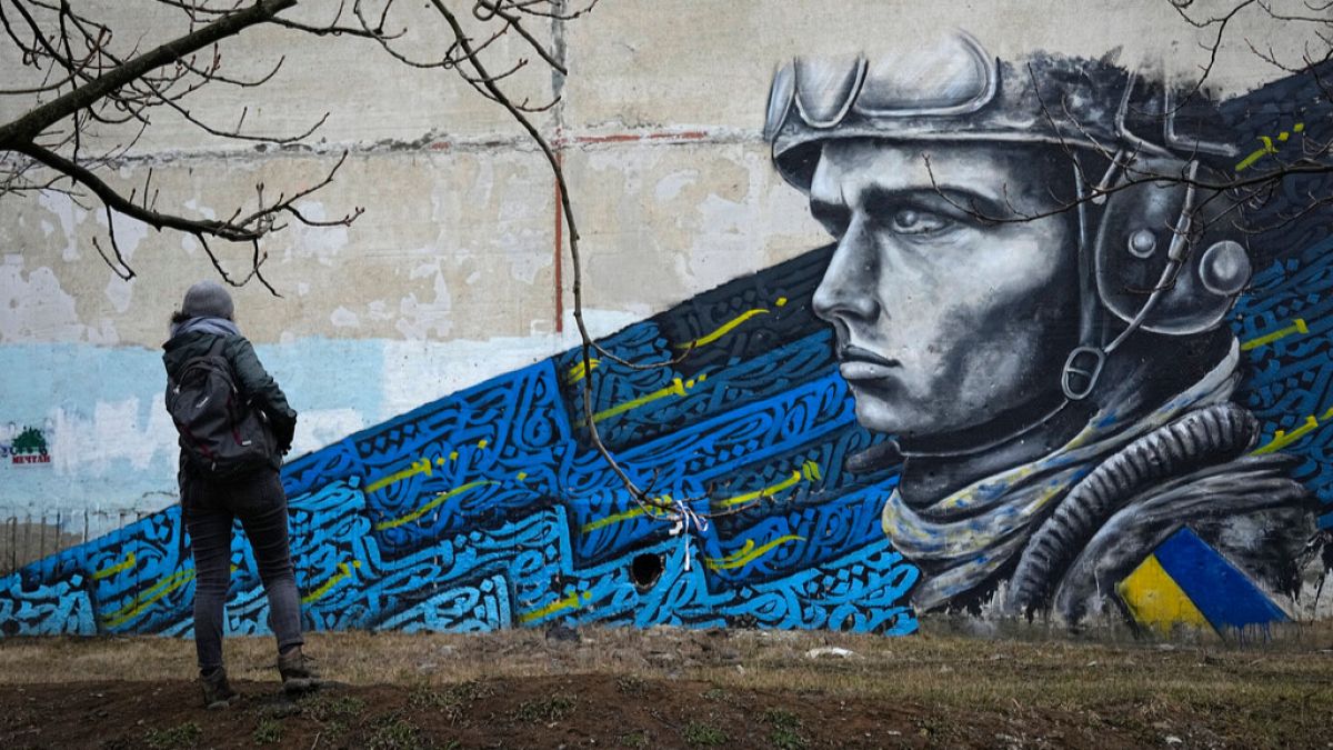 A mural depicting a Ukrainian soldier in Kharkiv, Ukraine.