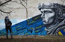 A mural depicting a Ukrainian soldier in Kharkiv, Ukraine.