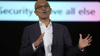 Microsoft CEO Satya Nadella speaks during an event titled "Microsoft Build: AI Day" in Jakarta, Indonesia.