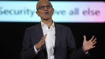 Microsoft CEO Satya Nadella speaks during an event titled "Microsoft Build: AI Day" in Jakarta, Indonesia.