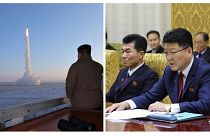 وزیر روابط برون‌مرزی  اقتصاد کره شمالی در ۱۲ دسامبر ۲۰۲۳ (راست) و رهبر کره شمالی در حال تماشای شلیک موشک بالستیم در ۱۸ دسامبر ۲۰۲۳ (چپ)