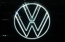 This is the Volkswagen logo on a Volkswagen automobile on display at the Pittsburgh International Auto Show in Pittsburgh, Feb. 15, 2024.