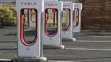 A Tesla charging station sits idle in Albuquerque, New Mexico, on Wednesday, Nov. 15, 2023. 