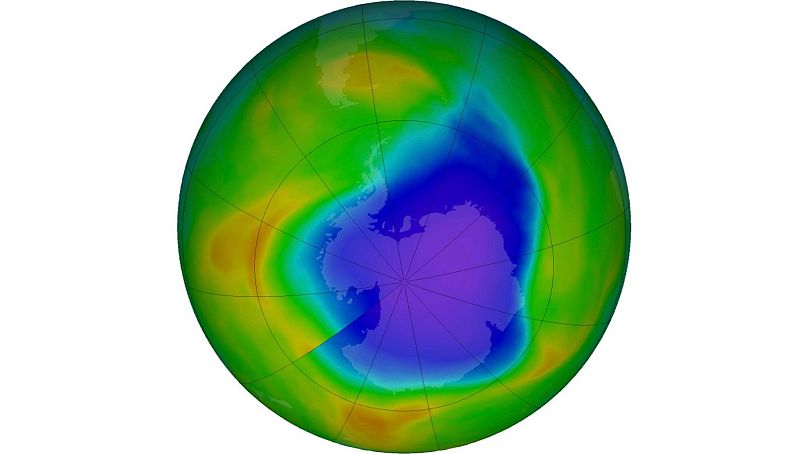In this NASA image, the blue and purple shows the hole in Earth's protective ozone layer over Antarctica on 30 October, 2023.
