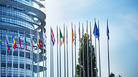 پرچم‌های کشورهای عضو اتحادیه اروپا در مقابل ساختمان پارلمان اروپا در شهر استراسبورگ فرانسه 