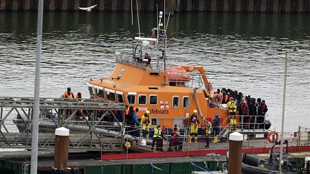 A group of people thought to be migrants are brought in to Dover by the Border Force following a small boat incident in the Channel on April 23, 2024