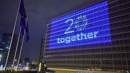 On 30 April 2024, the Berlaymont building is illuminated with the logo of 20th anniversary of the 2004 EU-enlargement