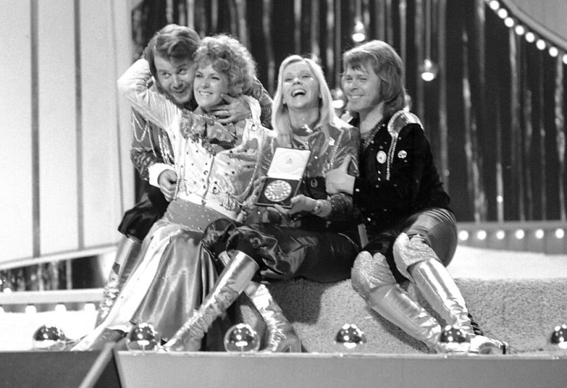 Swedish pop group ABBA celebrate winning the 1974 Eurovision Song Contest on stage at the Brighton Dome in England.