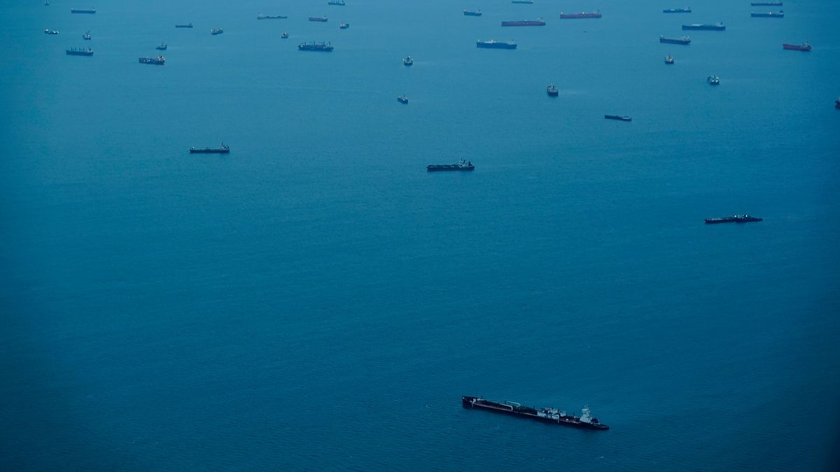 Cargo ships wait in Panama Bay before moving through the Panama Canal in Panama City.