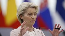 President of the European Commission Ursula von der Leyen talks during a session at the European Parliament, Tuesday, April 23, 2024 in Strasbourg, eastern France.