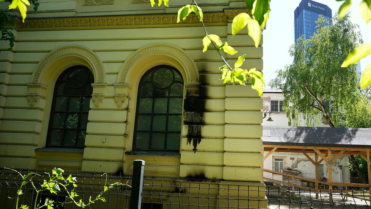 Fire damage on the façade of the Nożyk Synagogue in Warsaw, Poland.