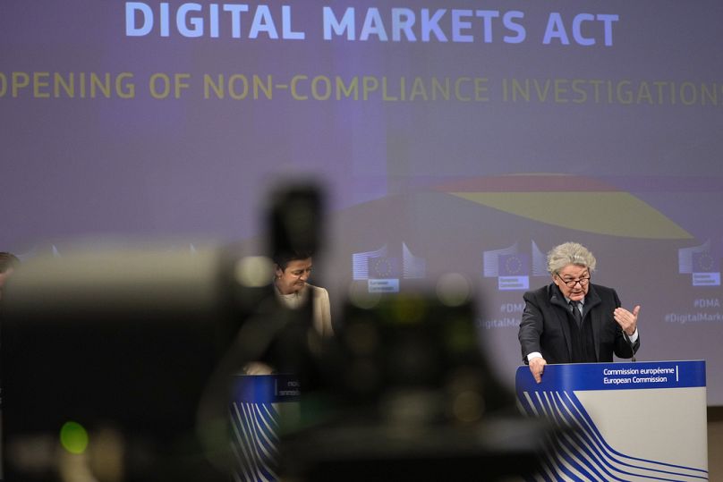 European Commissioner for Europe fit for the Digital Age Margrethe Vestager and Commissioner for Internal Market Thierry Breton address the media in Brussels, April 2024