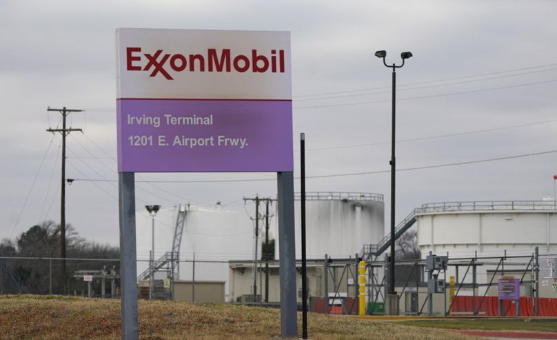 A sign marks the entrance to an ExxonMobil fuel storage and distribution facility in Irving, Texas