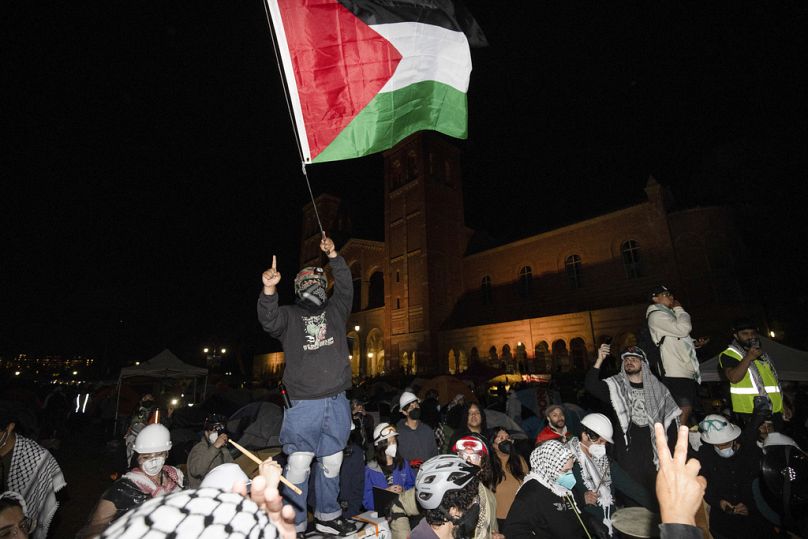 Pro-Palestinian demonstrators gather on the UCLA campus Wednesday, May 1, 2024, in Los Angeles.