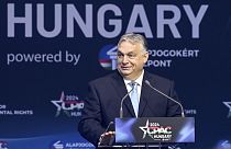 Hungarian Prime Minister Viktor Orbán delivers his address at the third Hungarian edition of CPAC Hungary, in Budapest, Hungary, Thursday, April 25, 2024.