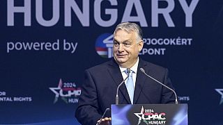 Hungarian Prime Minister Viktor Orbán delivers his address at the third Hungarian edition of CPAC Hungary, in Budapest, Hungary, Thursday, April 25, 2024.