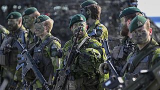 FILE - Swedish soldiers during the military exercise Aurora 23 at Berga naval base outside Stockholm, Friday, April 28, 2023.