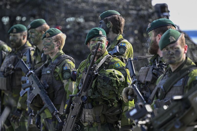 Swedish soldiers during the military exercise Aurora 23 at Berga naval base outside Stockholm, April 2023